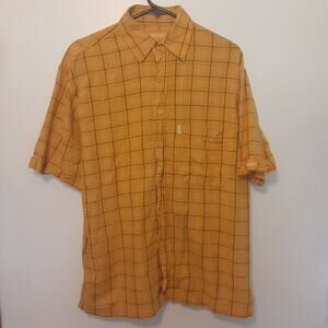 Old Skool OS Short Sleeve Button Up Shirt Mens M Yellow Linen Blend Collared